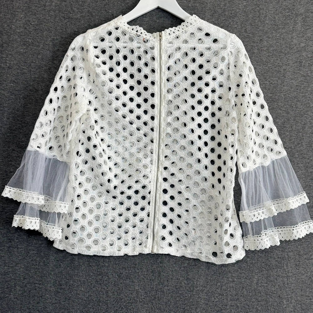 White Eyelet Lace Sheer Top Lrg Bell Sleeve Tulle Victorian Romantic Cottagecore - Picture 2 of 9